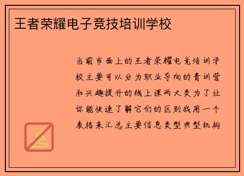 王者荣耀电子竞技培训学校